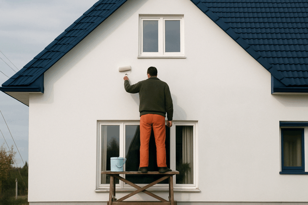 A professional painter applies exterior paint to a residential home to enhance durability and curb appeal.