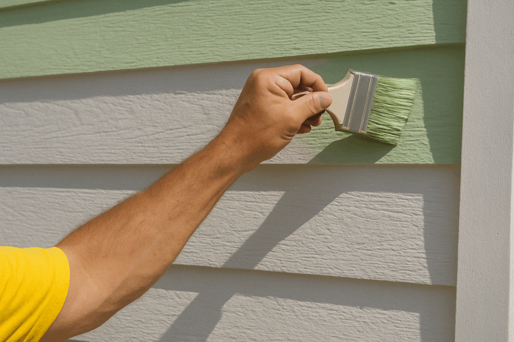 The painter applies a weather-resistant coating to the exterior siding to protect it from moisture damage.