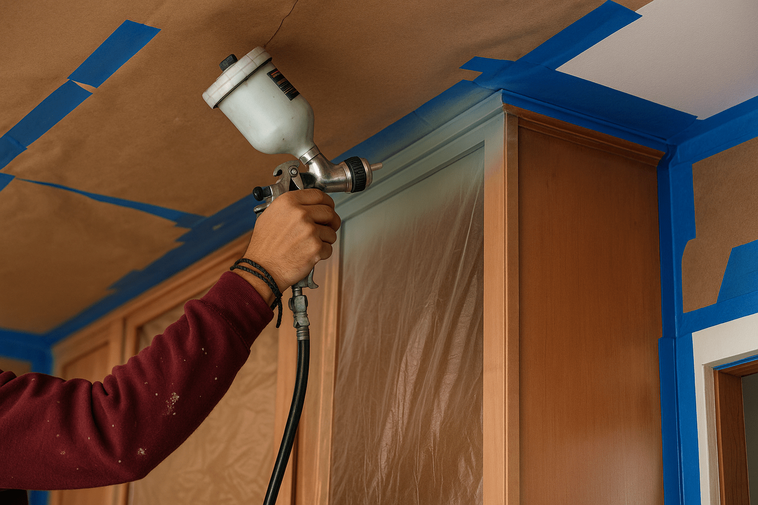 Cabinet painting professionals use sprayers for a smooth, even kitchen finish.